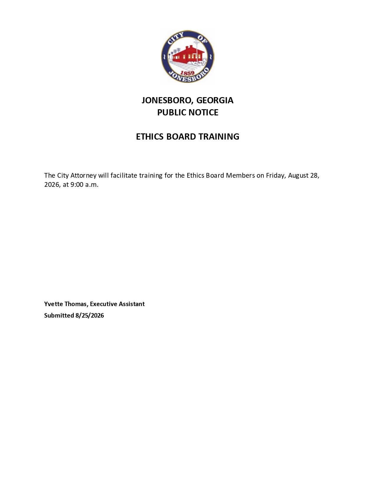 PUBLIC NOTICE - ETHICS BOARD TRAINING